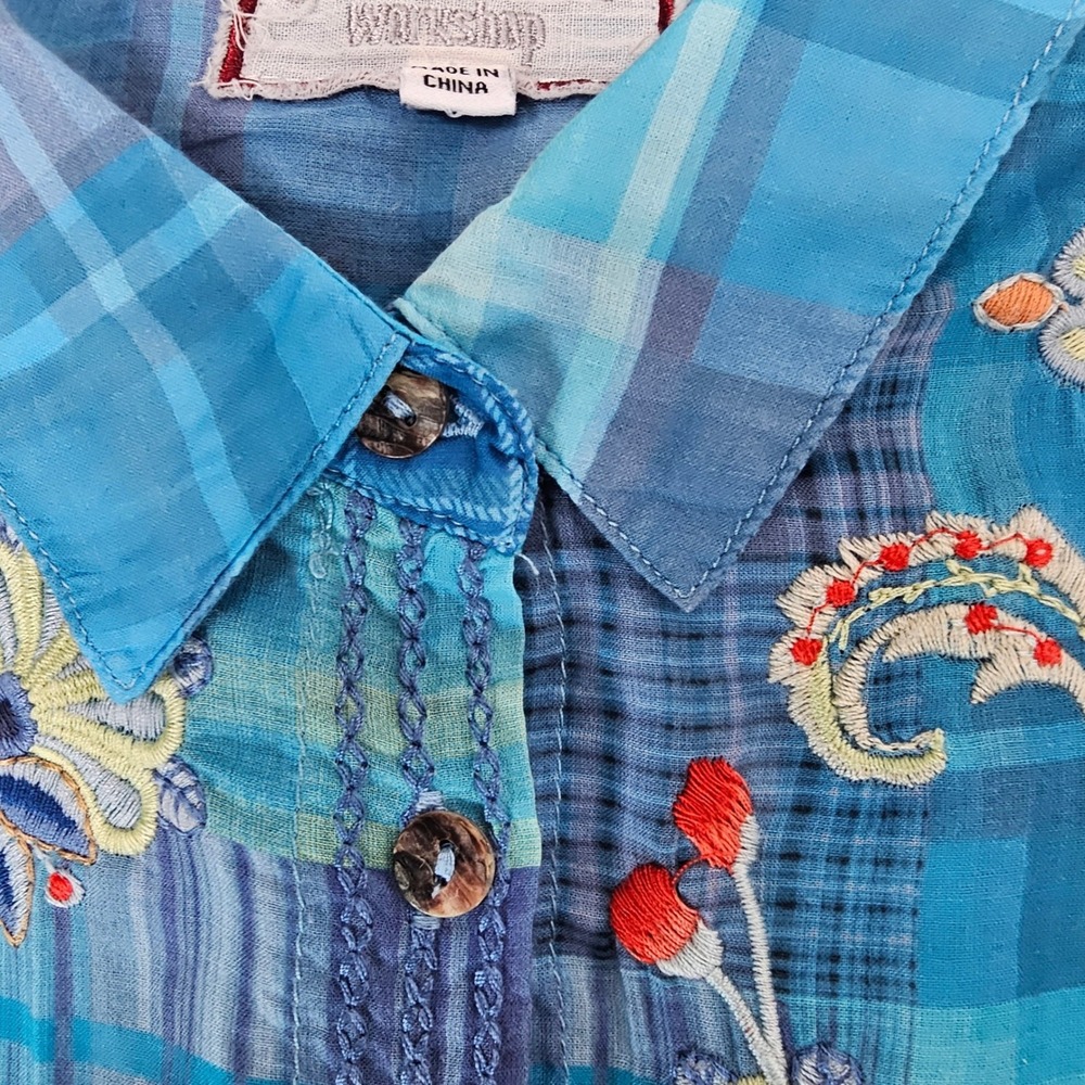 Johnny Was Blue Embroidered Button-Down Shirt - Picture 12 of 13